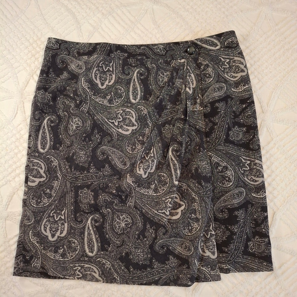 Vintage Talbots Womens 20‎ Wool Wrap Skirt Black Grey Paisley Print Lined